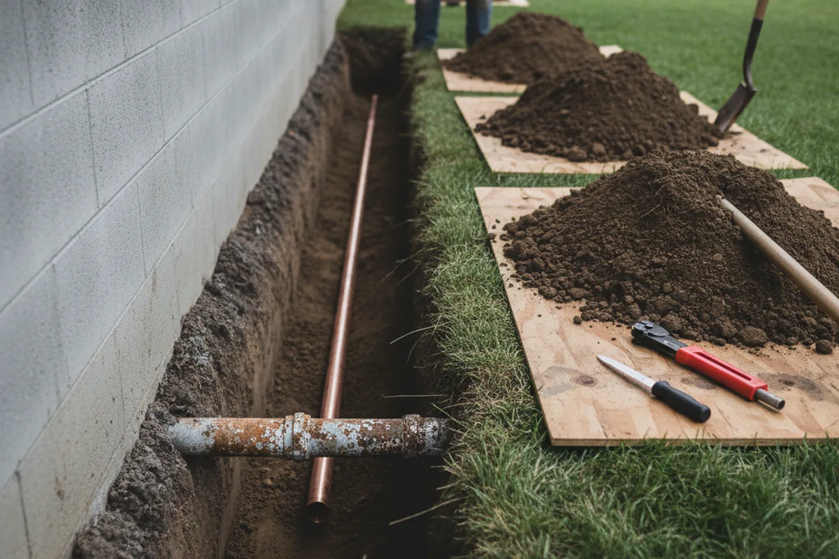 Excavated water line trench during Water Softener Installation in Batavia